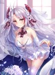  1girl alternate_costume antenna_hair azur_lane bangs bare_shoulders blush breasts bridal_veil brown_eyes cleavage closed_mouth collarbone dress eyebrows_visible_through_hair flower garter_straps hair_between_eyes iron_cross large_breasts leaning_forward long_hair looking_at_viewer mole mole_on_breast multicolored_hair prinz_eugen_(azur_lane) rose silver_hair smile solo streaked_hair thigh-highs two_side_up veil very_long_hair wedding_dress white_flower white_legwear white_rose yuemanhuaikong 