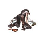  1girl all_fours bottle breasts brown_footwear draph drunk from_behind granblue_fantasy grey_hair hat horns lamretta long_hair medium_breasts minaba_hideo official_art pointy_ears rainbow simple_background solo sparkle transparent_background vomiting vomiting_rainbows white_background 