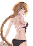  1girl ass bangs bare_arms bare_shoulders bikini black_bikini black_hairband blonde_hair blue_eyes braid breasts closed_mouth commentary_request eyebrows_visible_through_hair fate/apocrypha fate/grand_order fate_(series) fingernails hair_between_eyes hairband head_tilt highres jeanne_d&#039;arc_(fate) jeanne_d&#039;arc_(fate)_(all) jilu long_hair looking_at_viewer looking_back low_ponytail medium_breasts outstretched_arm ponytail shoulder_blades simple_background solo swimsuit very_long_hair white_background 