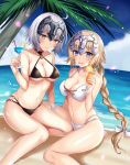  2girls bangs bare_arms bare_shoulders beach bendy_straw bikini black_bikini blonde_hair blue_eyes blue_sky blush bow braid brown_eyes clouds collarbone commentary_request cup day drink drinking_glass drinking_straw eyebrows_visible_through_hair fate/apocrypha fate/grand_order fate_(series) hair_bow halter_top halterneck harimoji headpiece highres holding holding_drinking_glass horizon jeanne_d&#039;arc_(alter)_(fate) jeanne_d&#039;arc_(fate) jeanne_d&#039;arc_(fate)_(all) long_hair looking_at_viewer low_ponytail multi-strapped_bikini multiple_girls navel o-ring o-ring_bikini o-ring_bottom o-ring_top ocean open_mouth outdoors palm_tree petals ponytail round_teeth sand short_hair sidelocks silver_hair single_braid sitting sky swimsuit teeth tree upper_teeth very_long_hair water white_bikini white_bow 