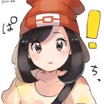  ! 1girl beanie black_eyes black_hair collarbone dot_nose floral_print hat looking_at_viewer mizuki_(pokemon) open_mouth pokemon pokemon_(game) pokemon_sm red_hat ririmon shirt short_hair simple_background solo twitter_username upper_body white_background 