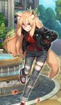  1girl animal_ears black_jacket brown_eyes craft_essence denim fang fate/grand_order fate_(series) fountain fox_ears fox_tail glasses hands_in_pockets heroic_spirit_traveling_outfit jacket jeans leaf leaning_forward leather leather_jacket leg_up light_brown_hair long_hair looking_at_viewer maple_leaf official_art pants red-framed_eyewear shoes smile sneakers solo suzuka_gozen_(fate) tail takenoko_seijin torn_clothes torn_jeans torn_pants 