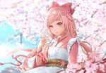  1girl antweiyi apron background cherry_blossoms flower food gourmet_kizuna hair_ribbon pink_eyes pink_hair ribbon sakura_mochi_(gourmet_kizuna) sash tagme 