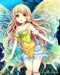  1girl bare_shoulders blonde_hair braid breasts butterfly_wings cleavage commentary_request dress fairy fairy_wings long_hair medium_breasts open_mouth original pointy_ears smile solo tin_(wsp85205) twin_braids watermark wings yellow_eyes 