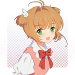  1girl :d bow bowtie brown_hair card_captor_sakura duximeng eyebrows_visible_through_hair green_eyes kinomoto_sakura looking_at_viewer open_mouth red_bow shiny shiny_hair shirt short_hair_with_long_locks short_sleeves short_twintails sidelocks smile solo twintails upper_body white_background white_shirt 