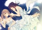  2girls back_bow bang_dream! barefoot blonde_hair bow breasts brown_eyes brown_hair cleavage closed_eyes clouds commentary_request cover cover_page doujin_cover dress halter_dress hand_up holding holding_hair holding_star ichigaya_arisa light_frown long_hair looking_at_another medium_breasts medium_hair multiple_girls open_mouth sakaki_kayumu sky smile star star_(sky) starry_sky toyama_kasumi twintails white_dress 