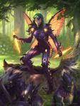  1girl armor armored_boots boots dagger flower gloves glowing glowing_eyes grass green_hair helmet insect_wings james_ryman legend_of_the_cryptids long_hair mask monster official_art pointy_ears shield skull solo sword tree watermark weapon web_address wings yellow_eyes 