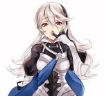  1girl armor blue_cape cape ei1han female_my_unit_(fire_emblem_if) finger_in_mouth fire_emblem fire_emblem_if hairband long_hair mamkute my_unit_(fire_emblem_if) open_mouth red_eyes simple_background solo upper_body white_background white_hair 