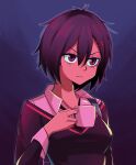  1girl black_hair black_necktie black_sweater breasts chair close-up commentary cup dark dress_shirt drinking english_commentary frown hair_between_eyes hair_ornament highres holding holding_cup ikari_shinji light_frown long_sleeves looking_ahead marvel medium_breasts meme mug necktie neon_genesis_evangelion on_chair parody peni_parker scene_reference school_uniform scrapy shinji_holding_a_mug_(meme) shirt short_hair solo spider-man:_across_the_spider-verse spider-man_(series) sweater upper_body v-shaped_eyebrows violet_eyes white_shirt x_hair_ornament 