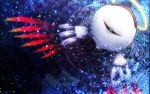  bandaid blue commentary_request dark_background floral_background halo kirby_(series) kirby_64 kurosiro light_particles looking_at_viewer no_humans one-eyed partially_submerged red_eyes ripples squinting wings zero_two_(kirby) 