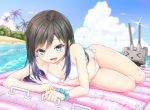  1girl asashio_(kantai_collection) beach bikini black_hair blue_eyes blue_sky blush breasts clouds cloudy_sky eyebrows_visible_through_hair gotou_hisashi kantai_collection looking_at_viewer ocean open_mouth outdoors palm_tree rensouhou-chan sky small_breasts solo swimsuit tree white_bikini 