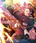  1boy belt blue_eyes brown_hair cannon commentary_request facial_hair fate/grand_order fate_(series) fire firing goatee grin male_focus medal napoleon_bonaparte_(fate/grand_order) smile sparks torn_clothes tsuedzu 