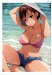  1girl absurdres arakure artist_name bangs bikini bikini_under_clothes blurry blurry_background breasts brown_hair buttons cleavage closed_mouth collarbone dark_skin day erect_nipples highres large_breasts lips looking_at_viewer navel outdoors page_number pink_bikini scan shiny shiny_hair shiny_skin short_shorts shorts sitting smile solo swimsuit toranoana unbuttoned undressing violet_eyes water wet zipper 