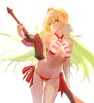  1girl aestus_estus bikini breasts cleavage closed_mouth criss-cross_halter fate/grand_order fate_(series) green_eyes hair_intakes halterneck holding holding_sword holding_weapon nero_claudius_(fate)_(all) nero_claudius_(swimsuit_caster)_(fate) red_bikini side-tie_bikini solo standing striped striped_bikini swimsuit sword weapon ya99ru 
