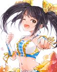  1girl ;d black_hair bow brown_eyes collarbone crop_top eyebrows_visible_through_hair floating_hair frills hair_bow idolmaster idolmaster_cinderella_girls kakitsubata_zero long_hair looking_at_viewer midriff nakano_yuka navel one_eye_closed open_mouth outstretched_arm ribbon simple_background sketch smile solo stomach twintails upper_body white_background yellow_bow yellow_ribbon 