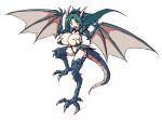  1girl amber_eyes cleavage dragon dragon_girl dragon_tail dragon_wings fang green_hair headress horns huge_breasts looking_at_viewer monster_girl navel pointy_ears shoulder_pads solo tail white_background wings 