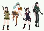  4girls :d ahoge aqua_eyes aqua_hair baseball_glove black_eyes black_gloves black_hair black_legwear blue_eyes bow bowtie chikuma_(kantai_collection) clothes_around_waist elbow_gloves full_body gloves gun hair_ornament hairclip highres kantai_collection kitakami_(kantai_collection) loafers long_hair multiple_girls neckerchief ojipon open_mouth orange_legwear pelvic_curtain pleated_skirt remodel_(kantai_collection) rigging sailor_collar school_uniform shigure_(kantai_collection) shoes simple_background single_elbow_glove single_thighhigh skirt smile standing suzuya_(kantai_collection) sweater_around_waist thigh-highs thigh_strap torpedo_tubes weapon 