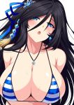  1girl bare_shoulders bikini black_hair blue_bikini blue_eyes blush brave_girl_ravens breasts cleavage collarbone commentary copyright_name earrings hair_between_eyes hair_ornament horosuke_(toot08) huge_breasts jewelry long_hair looking_at_viewer necklace open_mouth shaomei_(brave_girl_ravens) sidelocks simple_background solo striped striped_bikini swimsuit tassel very_long_hair white_background 