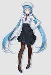  1girl aqua_hair armband black_legwear closed_mouth full_body gloves highres long_hair looking_at_viewer necktie original pantyhose qbase red_eyes skirt smile solo suspender_skirt suspenders twintails very_long_hair white_gloves 