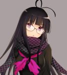  :o antenna_hair bangs black_hair black_scarf black_shirt blunt_bangs breasts brown_background fate/grand_order fate_(series) glasses head_tilt hijiri_ruka long_sleeves looking_at_viewer medium_breasts oryou_(fate) parted_lips purple_neckwear red-framed_eyewear scarf shirt torn_clothes torn_neckerchief violet_eyes 