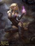  1girl bare_shoulders blonde_hair bodysuit breasts cleavage copyright_name fire highres jewelry leaf legend_of_the_cryptids lius_lasahido long_hair nail_polish official_art ring sitting solo teeth tree watermark web_address 