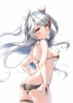  1girl ass azur_lane bangs bikini bikini_pull black_bikini blush breasts butt_crack cowboy_shot eyebrows_visible_through_hair floating_hair from_behind grey_ribbon hair_ribbon hand_on_hip highres long_hair medium_breasts prinz_eugen_(azur_lane) pulled_by_self ribbon side-tie_bikini sideboob silver_hair simple_background smile solo standing swept_bangs swimsuit thigh_strap twintails under_boob very_long_hair white_background xin_(zinc) yellow_eyes 