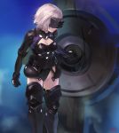  1girl absurdres armor black_armor black_legwear black_leotard blue_background boots breasts covered_eyes fate/grand_order fate_(series) gloves gorget highres leotard looking_to_the_side mash_kyrielight medium_breasts ortenaus pink_hair shield short_hair solo standing thigh-highs vr_visor yang-do 