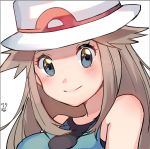  1girl bare_shoulders blue_(pokemon) blue_eyes blush breasts closed_mouth hat highres light_brown_hair long_hair looking_at_viewer medium_breasts pokemon pokemon_(game) pokemon_frlg porkpie_hat portrait ririmon simple_background smile solo upper_body white_background white_hat 