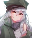  1girl bangs blush brown_eyes closed_mouth eyebrows_visible_through_hair g11_(girls_frontline) girls_frontline hair_between_eyes hat highres jacket long_hair looking_at_viewer open_clothes portrait scarf shirt silver_hair simple_background user_ysyp7383 very_long_hair white_background 