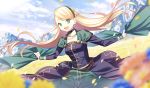 1girl :d bangs black_choker blonde_hair blue_flower blue_sky blurry blurry_background blurry_foreground breasts choker clouds commentary_request day depth_of_field dutch_angle eyebrows_visible_through_hair fate/grand_order fate_(series) field flower flower_field gerda_(fate) green_eyes green_hairband green_skirt hairband hamada_pochiwo highres holding jewelry long_hair long_sleeves looking_at_viewer medium_breasts mountain necklace open_mouth orange_flower outdoors petals round_teeth skirt sky smile solo standing swept_bangs teeth upper_teeth very_long_hair yellow_flower 