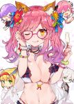  &gt;_&lt; 2boys 3girls :&gt; :d :q absurdres ahoge animal_ears astolfo_(fate) bikini blush bracelet breast_squeeze breasts chibi choker collared_shirt commentary_request eyebrows_visible_through_hair fate/grand_order fate_(series) fingernails flower food fox_ears gradient_hair green_eyes grey_shirt hair_between_eyes hair_flower hair_ornament hairband highres jewelry karna_(fate) large_breasts looking_at_viewer mash_kyrielight multicolored_hair multiple_boys multiple_girls nail_polish nanakagura navel neckerchief necklace necktie nero_claudius_(fate) nero_claudius_(fate)_(all) olympian_bloomers one_eye_closed open_mouth orange_eyes pink_hair pink_skirt pleated_skirt popsicle purple_hair red-framed_eyewear red_flower red_nails red_neckwear school_uniform serafuku shell_necklace shirt short_sleeves skirt smile solo_focus streaked_hair swimsuit tamamo_(fate)_(all) tamamo_no_mae_(fate) tongue tongue_out twintails violet_eyes white_bikini white_hair white_shirt wing_collar 