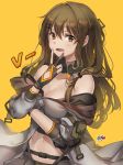  1girl bangs bare_shoulders blush breasts brown_eyes brown_hair cleavage collarbone eyebrows_visible_through_hair fingerless_gloves girls_frontline gloves hair_between_eyes hair_ornament hair_ribbon hairclip hand_up highres k-2_(girls_frontline) kyjsogom long_hair looking_at_viewer medium_breasts navel off_shoulder open_clothes open_mouth open_skirt panties pantyhose ribbon sidelocks signature simple_background skirt smile solo stomach underwear v yellow_background 