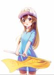  1girl blue_dress brown_eyes brown_hair dress flag hat hataraku_saibou highres long_hair open_mouth platelet_(hataraku_saibou) roon see-through_silhouette simple_background solo white_background 