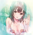  1girl against_glass bangs bare_shoulders bikini_top blush breast_press breasts breasts_on_glass brown_eyes brown_hair hanekoto looking_at_viewer medium_breasts pink_bikini_top smile solo strap_slip upper_body 