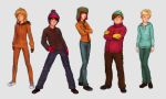  5boys androgynous beanie black_hair blonde_hair blue_eyes brown_hair commentary crossed_arms curly_hair eric_cartman gloves green_eyes hand_on_hip hat highres hood hooded_jacket jacket kenny_mccormick kyle_broflovski leopold_stotch male_focus muhamaru_yuni multiple_boys outline redhead simple_background south_park stan_marsh standing white_background 