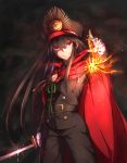  1girl black_hair cape cowboy_shot fate/grand_order fate_(series) floating_hair gloves grin hair_between_eyes hat highres holding holding_sword holding_weapon katana long_hair looking_at_viewer military military_hat military_uniform oda_nobunaga_(fate) red_cape red_eyes sakaokasan smile solo standing sword uniform very_long_hair weapon white_gloves 