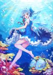  1girl :d air_bubble bare_legs barefoot blann blue_bow blue_dress blue_eyes blue_hair blurry_foreground blush bow bubble cirno commentary coral dress dress_lift eyebrows_visible_through_hair fish from_behind full_body hair_between_eyes hair_bow highres ice ice_wings leg_up lifted_by_self light_rays looking_at_viewer neck_ribbon open_mouth petticoat pinafore_dress red_neckwear red_ribbon ribbon shirt short_hair smile solo thighs touhou underwater white_shirt wing_collar wings 