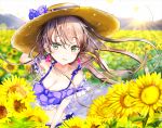  1girl arm_up bangs bare_shoulders blurry blurry_background blush bow breasts brown_hair cleavage collarbone commentary_request day depth_of_field earrings eyebrows_visible_through_hair field flower flower_field green_eyes hair_between_eyes hat hat_bow jewelry keepout long_hair looking_at_viewer medium_breasts original outdoors parted_lips purple_bow see-through solo straw_hat sunflower sunlight very_long_hair yellow_flower 