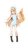  1girl black_footwear blue_shirt boots character_name clothes_writing flag flat_cap full_body hat hataraku_saibou highres holding holding_flag light_brown_hair long_hair meng_ge_3_(565571710) open_mouth platelet_(hataraku_saibou) red_eyes round_teeth shirt short_shorts short_sleeves shorts simple_background solo standing teeth upper_teeth very_long_hair white_background white_hat white_shorts 