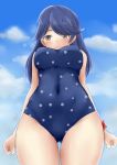 1girl absurdres black_hair blue_sky blue_swimsuit blush breasts clouds cloudy_sky from_below gluteal_fold grey_eyes highres kantai_collection koru_pera large_breasts long_hair looking_at_viewer one-piece_swimsuit polka_dot polka_dot_swimsuit sky solo swimsuit ushio_(kantai_collection) 