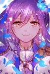  1girl bang_dream! bangs chino_machiko closed_mouth epaulettes eyebrows_visible_through_hair gem gloves hair_between_eyes hands_up light_particles long_hair looking_at_viewer petals purple_hair red_eyes seta_kaoru smile solo upper_body white_gloves 