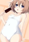  1girl bare_shoulders blanc blue_eyes blush breasts brown_hair covered_navel food iwasi-r looking_at_viewer neptune_(series) one-piece_swimsuit open_mouth popsicle short_hair small_breasts solo swimsuit 