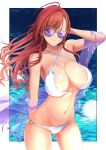  1girl ahoge arisugawa_natsuha arm_behind_back bangs bikini blush border breasts brown_hair cleavage hand_behind_head highres idolmaster idolmaster_shiny_colors large_breasts long_hair looking_at_viewer nash_(na-si) navel o-ring o-ring_bikini ocean outside_border see-through shawl smile solo sunglasses swimsuit wavy_hair white_bikini white_border wings 