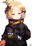  1girl abigail_williams_(fate/grand_order) bangs black_bow black_jacket blonde_hair blue_eyes bow closed_mouth commentary_request fate/grand_order fate_(series) forehead fujikiri_yana hair_bow hair_bun jacket long_sleeves looking_at_viewer object_hug orange_bow parted_bangs polka_dot polka_dot_bow signature simple_background sleeves_past_fingers sleeves_past_wrists solo stuffed_animal stuffed_toy teddy_bear white_background 
