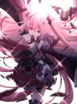  1girl arm_up black_dress black_footwear black_ribbon boots bow cowboy_shot detached_sleeves dress floating_hair gothic_lolita hair_between_eyes halterneck highres krul_tepes lolita_fashion long_hair looking_at_viewer outstretched_arms owari_no_seraph pink_hair purple_bow red_eyes ribbon short_dress sleeveless sleeveless_dress smile solo standing thigh-highs thigh_boots twintails umeko_208 very_long_hair white_background 