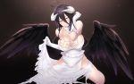  1girl ahoge albedo bangs bare_shoulders black_hair black_wings blush breasts cait collarbone demon_girl demon_horns detached_collar dress elbow_gloves feathered_wings gloves hair_between_eyes highres hip_vent horns kneeling large_breasts long_hair looking_at_viewer low_wings overlord_(maruyama) smile solo thighs white_dress white_gloves wings yellow_eyes 