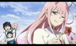  2boys 2girls bangs black_hair blue_horns blue_sky carrying child closed_eyes clouds commentary_request couple crying darling_in_the_franxx day flower green_eyes hair_flower hair_ornament hand_up hetero highres hiro_(darling_in_the_franxx) holding holding_flower horns letterboxed long_hair long_sleeves multiple_boys multiple_girls one_eye_closed oni_horns petals pink_hair shirt short_hair sky sweat tears uu_(pixiv11319066) white_shirt zero_two_(darling_in_the_franxx) 
