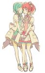  2girls ^_^ back_bow bang_dream! bangs blue_neckwear bow closed_eyes closed_eyes earrings eyebrows_visible_through_hair flower_earrings full_body gloves grin hair_bow hand_holding hikawa_hina jewelry maruyama_aya multiple_girls muted_color neck_ribbon overskirt pink_eyes pink_neckwear ribbon short_sleeves side_braids sidelocks simple_background sketch skirt smile standing twintails white_background white_bow white_footwear white_gloves yae_(eky_567) 