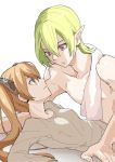  1boy 1girl bare_chest breasts brown_hair coma_(macaron) commentary_request eye_contact faize_scheifa_beleth green_hair long_hair looking_at_another lymle_lemuri_phi open_mouth parted_lips pointy_ears shirtless short_hair star_ocean star_ocean_the_last_hope towel towel_around_neck twintails upper_body violet_eyes 