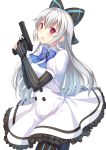  1girl bangs blue_bow blush bow buttons dress elbow_gloves eyebrows_visible_through_hair girls_frontline gloves gun hair_between_eyes hair_bow handgun hands_up highres holding holding_gun holding_weapon long_hair looking_at_viewer open_mouth partly_fingerless_gloves red_eyes sidelocks silver_hair simple_background solo star striped striped_gloves striped_legwear thigh-highs tokarev_(girls_frontline) tokarev_tt-33 weapon white_background white_dress yongheng_zhi_wu 